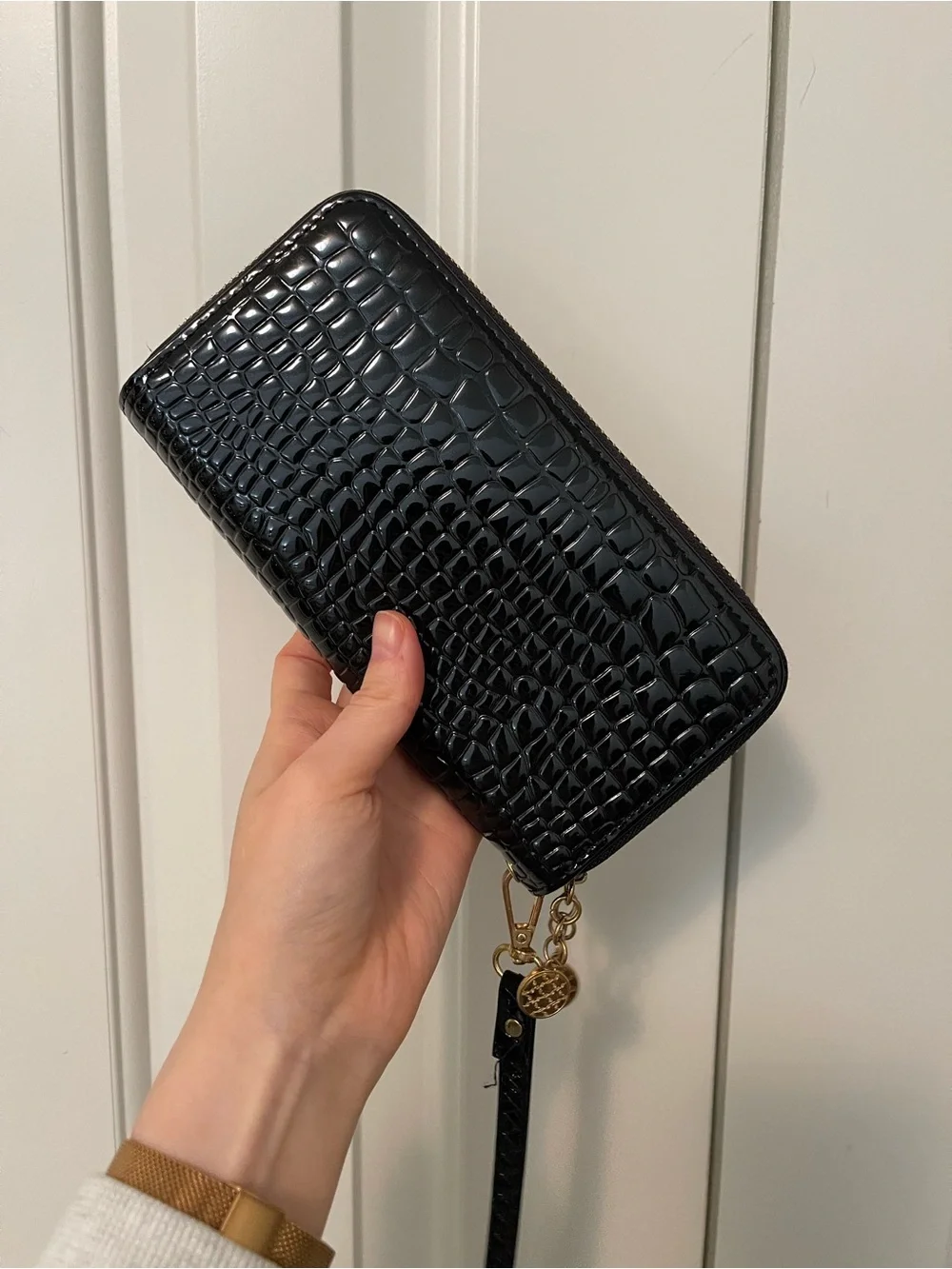 Croc-Embossed Black Zip-Around Wristlet Wallet with Charm